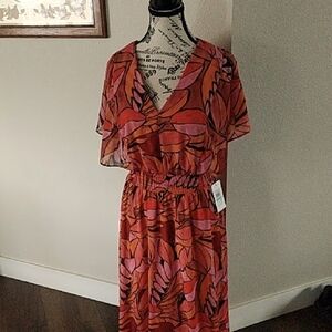 DKNY Orange Wrap Midi Dress with Flutter Sleeves Chiffon Size 8